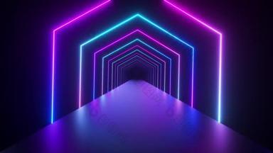 Abstract geometric background with rotating squares, fluorescent ultraviolet light, glowing neon lin